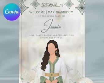 Invitación editable de bienvenida para una ceremonia nocturna con henna marroquí verde | Rhenni | Invitación de mehndi | Laylat Al Henna | Kına Gecesi | Canva