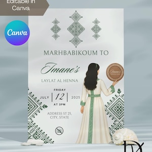 Editable Green Moroccan Henna Party/ Ceremony Invitation | Rhenni | Laylat Al Henna | Canva Template | Marhbabikoum | Fessi Bendir design