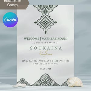Editable Green Moroccan Henna Party/ laylat al Henna Invitation Rhenni Mehndi Traditional Fessi Design | Instant Digital Download via Canva
