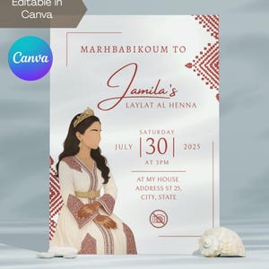 Invitation de fête/cérémonie au henné marocain rouge modifiable | Laylat Al Henna | Rhenni | Invitation Mehndi | Modèle Canva | Marhbabikoum