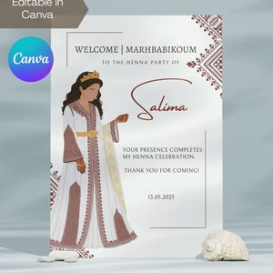 Cartoncino da tavolo per feste/cerimonie con henné marocchino rosso modificabile| Laylat Al Henna | Rhenni | Cartello di benvenuto tradizionale | Modello Canva | Marhbabikoum