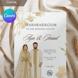 Editable Moroccan Wedding Table Card | Gold White Floral Design | Bride and Groom Illustration | Canva Template | Marhbabikoum