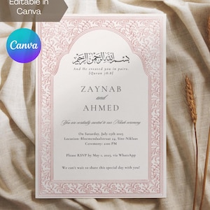 Convite de casamento islâmico vermelho editável com henna Nikkah | Download digital | Modelo Canva | Cartão de casamento muçulmano | Convite Bismillah