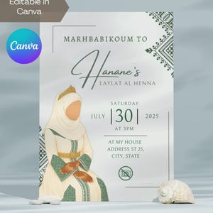 Editable Green Moroccan Bride With Hijab Fessi Henna party/ Ceremony Invitation | Laylat Al Henna | Rhenni | Mehndi Invite | Canva Template