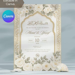 Invitación de boda islámica/Nikah editable | Flores beige doradas| Invitación a la Khotba Nikkah musulmana | Plantilla de Canva | Descarga digital | Bismillah