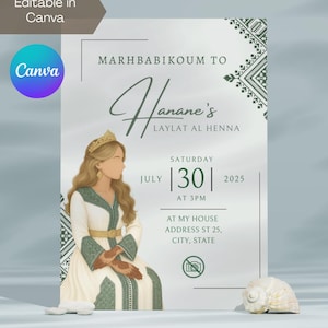 Invitation de fête/cérémonie au henné blond marocain vert modifiable | Laylat Al Henna | Rhenni | Invitation Mehndi | Canva | Marhbabikoum