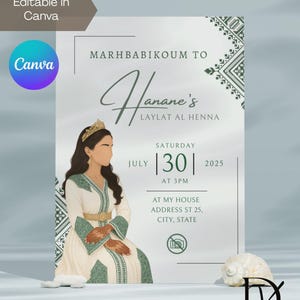 Invitación editable para fiesta/ceremonia de henna fessi marroquí verde | Laylat Al Henna | Rhenni | Invitación Mehndi | Plantilla de Canva | Marhbabikoum