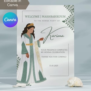 Carte de table de cérémonie de fête au henné marocain vert modifiable | Laylat Al Henna | Rhenni | Mehndi | Panneau de bienvenue | Modèle Canva | Marhbabikoum