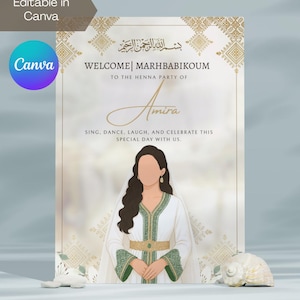Panneau de bienvenue modifiable pour invitation à une cérémonie de henné marocain doré | Rhenni | Invitation Mehndi | Laylat Al Henna | Le secret de la Chine | Canva