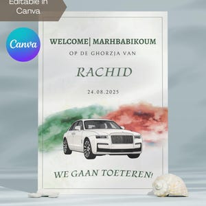 Editable Moroccan Wedding Ghorzja Table Card Invitation Sign | White Car Design | "We gaan toeteren" | Canva Template Invite | Marhbabikoum