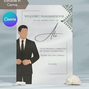 Editable Green Moroccan Henna Party Groom/ Men Table Card | Laylat Al Henna | Rhenni | Mehndi | Welcome Sign | Canva Template | Marhbabikoum