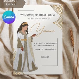 Carte de table de fête/cérémonie au henné marocain doré modifiable | Laylat Al Henna | Rhenni | Panneau de bienvenue traditionnel | Modèle Canva | Marhbabikoum