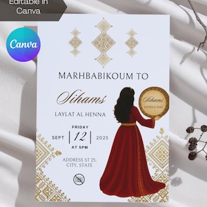 Invitation à une cérémonie de henné marocain rouge doré modifiable | Invitation Mehndi | Rhenni Laylat Al Henna | Modèle Canva Fessi Bendir Design