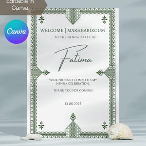 Carte de table de cérémonie de fête au henné marocain vert modifiable | Laylat Al Henna | Rhenni | Mehndi | Panneau de bienvenue | Modèle Canva | Marhbabikoum