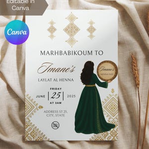 Invito per feste/cerimonie con henné marocchino dorato modificabile | Rhenni | Laylat Al Henna | Modello Canva | Marhbabikoum | Design di Fessi Bendir