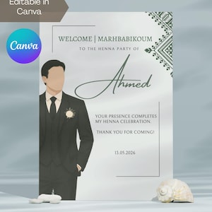 Editable Green Moroccan Henna Party Groom/ Men Table Card | Laylat Al Henna | Rhenni | Mehndi | Welcome Sign | Canva Template | Marhbabikoum