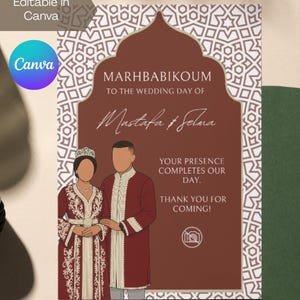 Tarjeta de mesa de boda marroquí editable / cartel de bienvenida | Diseño de patrón de mosaico rojo | Ilustración de novia y novio | Plantilla de Canva | Marhbabikoum