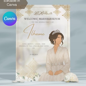 Carte de table/panneau de bienvenue modifiable pour cérémonie de henné marocain doré | Rhenni | Invitation Mehndi | Laylat Al Henna | Le secret de la Chine | Canva