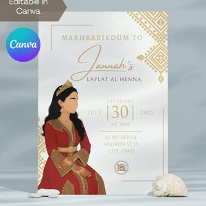 Editable Red Gold Moroccan Fessi Henna Party Night Ceremony Invitation | Laylat Al Henna | Kina | Rhenni | Mehndi Invite | Canva Template