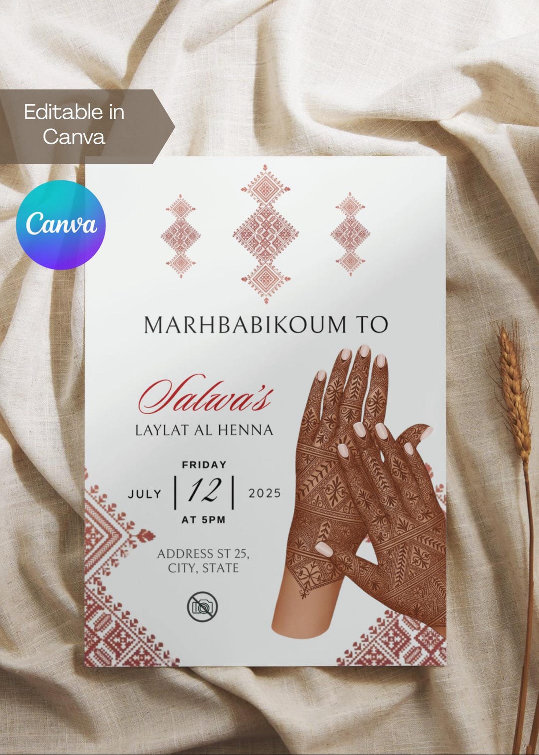 Editable Red Moroccan Henna Hand Design Night Party Ceremony Invitation |  Kina | Rhenni | Laylat Al Henna | Mehndi Invite | Canva Template - Etsy ..., image size:1080x1513