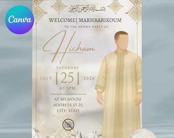 Editable Gold Moroccan Groom Beige Jabador Henna Party Night Ceremony Digital Canva Invitation | Rhenni | Mehndi Invite | Laylat Al Henna