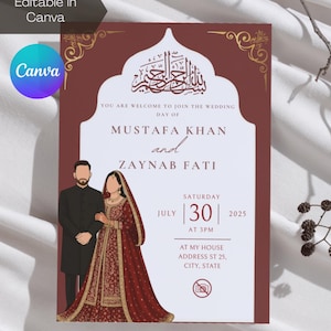 May include: A maroon and white wedding invitation with gold accents. The invitation features the names Mustafa Khan and Zaynab Fati, along with the date, time, and location of the wedding. The Canva logo is visible.