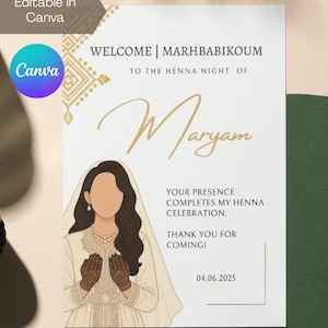 Carte de table de fête de jour et de nuit au henné marocain beige doré modifiable Khotba | Laylat Al Henna | Rhenni | Mehndi | Panneau de bienvenue Canva | Marhbabikoum