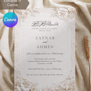 May include: Ivory wedding invitation with floral embellishments. The invitation includes the names ZAYNAB and AHMED, along with event details. The text is in English and Arabic. The Canva logo is visible in the corner.