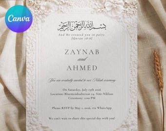 May include: Ivory wedding invitation with floral embellishments. The invitation includes the names ZAYNAB and AHMED, along with event details. The text is in English and Arabic. The Canva logo is visible in the corner.