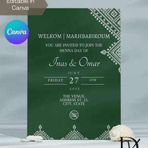 Invitation à une cérémonie de henné marocaine verte et blanche modifiable | Laylat Al Henna | Rhenni | Conception d'invitation Mehndi | Canva | Marhbabikoum