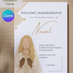 Carte de table de fête de jour et de nuit au henné marocain beige doré modifiable Khotba | Laylat Al Henna | Rhenni | Mehndi | Bienvenue Canva | Mariée aux cheveux blonds