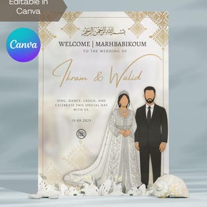 Editable Moroccan Islamic Wedding Nikkah Digita Table Card Gold White Floral Design Muslim Arab Bride and Groom Illustration Canva Template