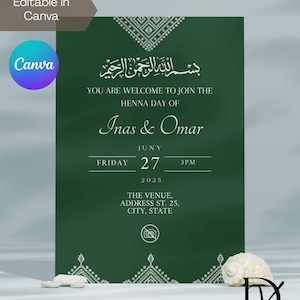 Editable Green White Moroccan Fessi Henna Party Ceremony Invitation | Laylat Al Henna | Rhenni | Mehndi Invite Design | Canva | Bismillah