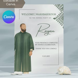 Editable Green Moroccan Henna Party Groom/ Men Table Card | Laylat Al Henna | Rhenni | Mehndi | Welcome Sign | Canva Template | Marhbabikoum