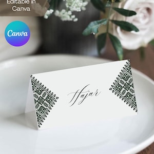 Marque-place modifiable pour invités, cérémonie de henné marocain vert | Laylat Al Henna Rhenni Mehndi | Modèle Canva pour décoration de table