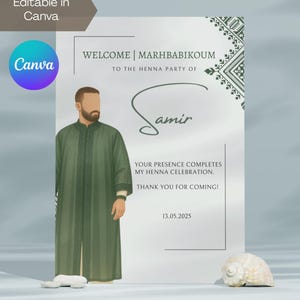 Editable Green Moroccan Henna Party Groom/ Men Table Card | Laylat Al Henna | Rhenni | Mehndi | Welcome Sign | Canva Template | Marhbabikoum
