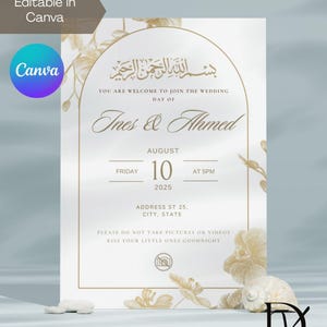 Bearbeitbare islamische Hochzeits-/Nikah-Einladung | Goldenes Orchideen-Design| Einladung zur muslimischen Khotba Nikkah | Canva-Vorlage | Digitaler Download | Bismillah