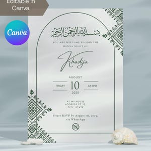 Editable Green Moroccan Henna Night Party Ceremony Invitation | Rhenni | Mehndi | Laylat Al Henna | Canva Template | Fessi design