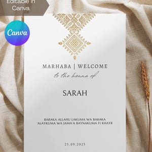 May include: White invitation card with gold geometric design at the top. Text includes "MARHABA | WELCOME to the henna of SARAH" and a date. The Canva logo is visible in the corner.