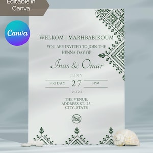Editable White Green Moroccan Fessi Henna Party Ceremony Invitation| Laylat Al Henna | Rhenni | Mehndi Invite Design | Canva | Marhbabikoum