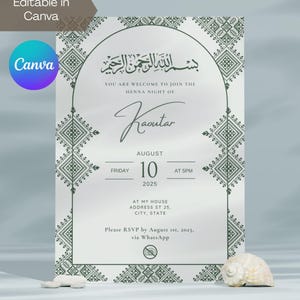 Editable Green Moroccan Henna Night/ Party/ Ceremony Invitation | Rhenni | Mehndi | Laylat Al Henna | Canva Template | Fessi design