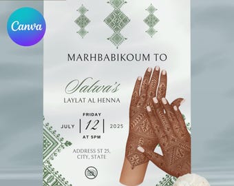 Invitación editable para ceremonia nocturna con diseño de mano de henna marroquí verde | kina | Rhenni | Laylat Al Henna | Invitación de mehndi | Plantilla de Canva