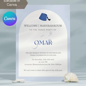 Op de afbeelding: Lichtblauwe uitnodigingskaart met de tekst "WELCOME | MARHBABIKOUM TO THE THARA PARTY OF OMAR". De kaart bevat een blauwe fez-illustratie en evenementdetails voor 15 juli 2025.