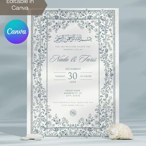 May include: Wedding invitation with floral border and text in English and Arabic. The invitation is for Nada & Faris, December 30, 2025, at 4:30 PM. The design includes the Canva logo and is editable in Canva.