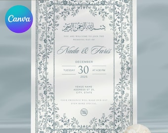 May include: Wedding invitation with a floral border and text in English and Arabic. The invitation is for Nada & Faris, December 30, 2025, at 4:30 PM. The design includes the Canva logo and is editable in Canva.