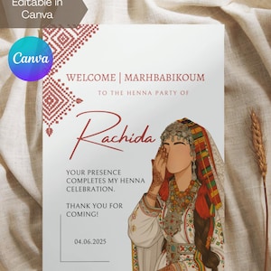 Cartão de mesa editável vermelho Riff marroquino Riffian Henna para noite/festa | Laylat Al Henna| Rhenni | Mehndi | Placa de boas-vindas | Canva | Marhbabikoum