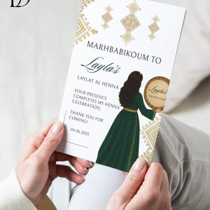 Carte de table de fête/cérémonie au henné marocain doré modifiable | Rhenni | Laylat Al Henna | Modèle Canva | Marhbabikoum | Conception Fessi Bendir