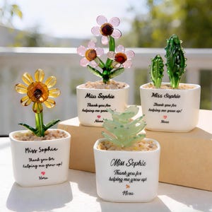 Op de afbeelding: Vier glazen plantsculpturen in witte vierkante potten. De planten omvatten een gele zonnebloem, roze bloemen, een groene cactus en een lichtgroene vetplant. Elke pot heeft de tekst "Miss Sophie, Bedankt dat je me hebt geholpen op te groeien!" en een naam.