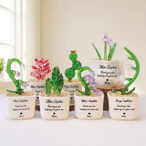 May include: A collection of glass plant sculptures in white pots. The sculptures include cacti, succulents, and flowering plants in shades of green, red, and purple. Each pot is inscribed with "Miss Sophie, Thank you for helping me grow up!" and "Nora."