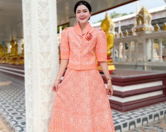 Thai Silk Outfit, Patterned Shirt and Skirt Set